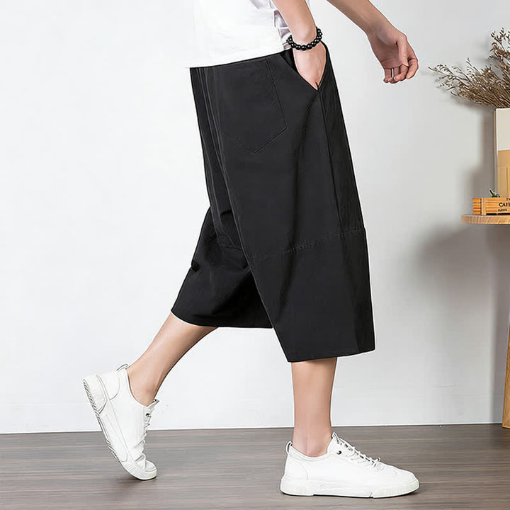 Buddha Stones Pantalon harem uni en coton et lin, longueur capri, avec cordon de serrage et poches. - image 11