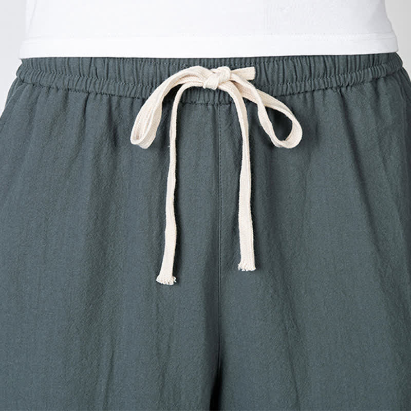 Buddha Stones Pantalon harem uni en coton et lin, longueur capri, avec cordon de serrage et poches. - image 2