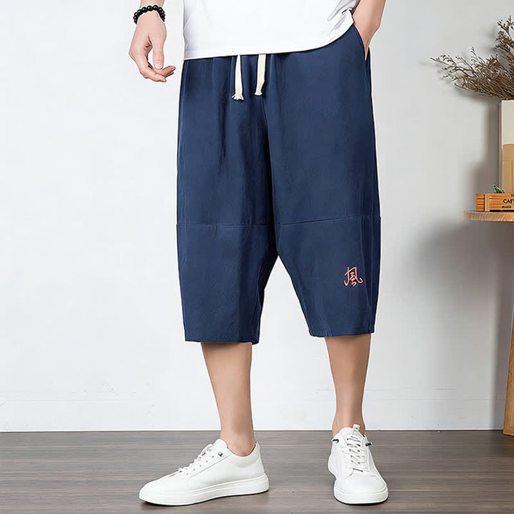 Buddha Stones Pantalon harem uni en coton et lin, longueur capri, avec cordon de serrage et poches. - image 16