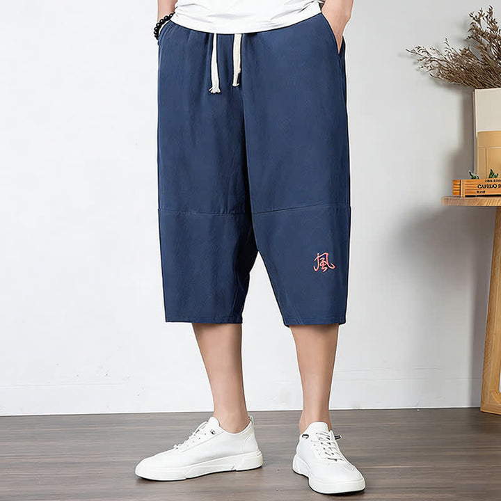 Buddha Stones Pantalon harem uni en coton et lin, longueur capri, avec cordon de serrage et poches. - Bleu foncé - US/UK/AU54，EU64 (9XL) - image 15