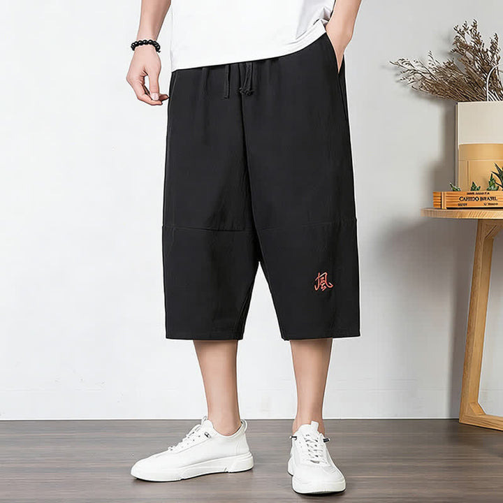 Buddha Stones Pantalon harem uni en coton et lin, longueur capri, avec cordon de serrage et poches. - Noir - US/UK/AU54，EU64 (9XL) - image 9
