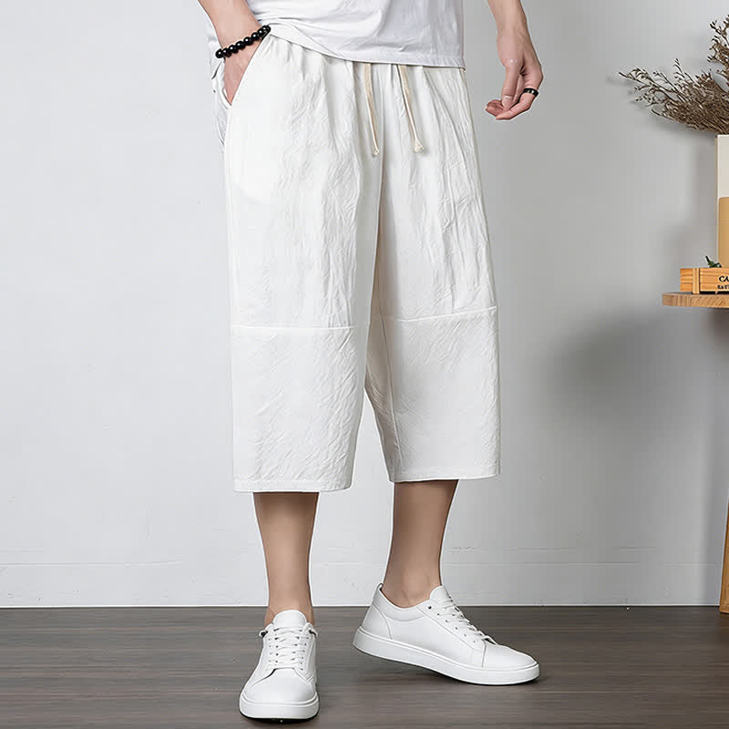 Buddha Stones Pantalon harem uni en coton et lin, longueur capri, avec cordon de serrage et poches. - image 8