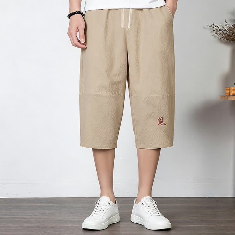 Buddha Stones Pantalon harem uni en coton et lin, longueur capri, avec cordon de serrage et poches. - image 14