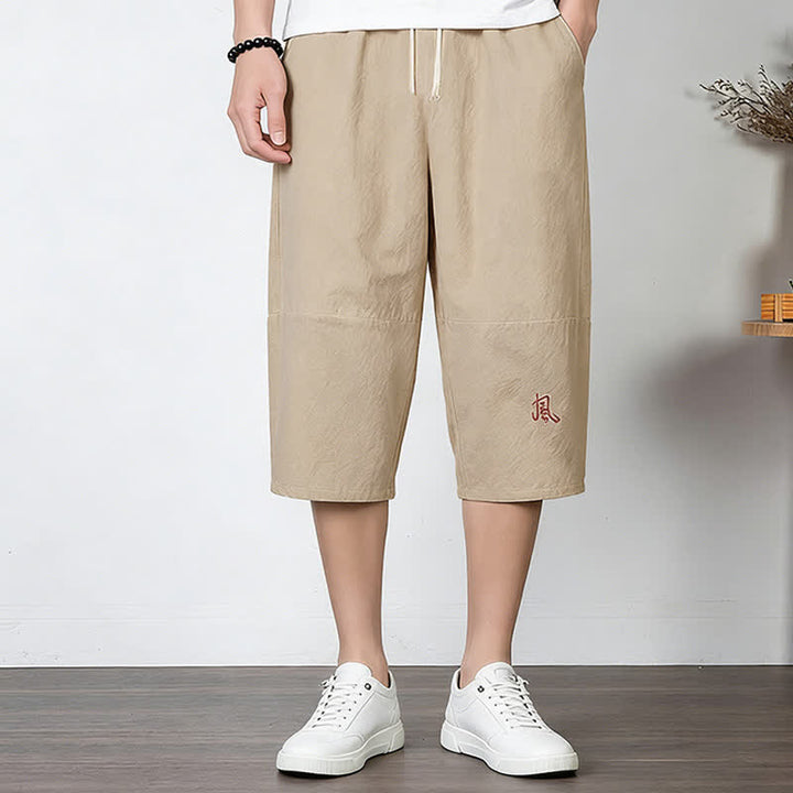 Buddha Stones Pantalon harem uni en coton et lin, longueur capri, avec cordon de serrage et poches. - image 14