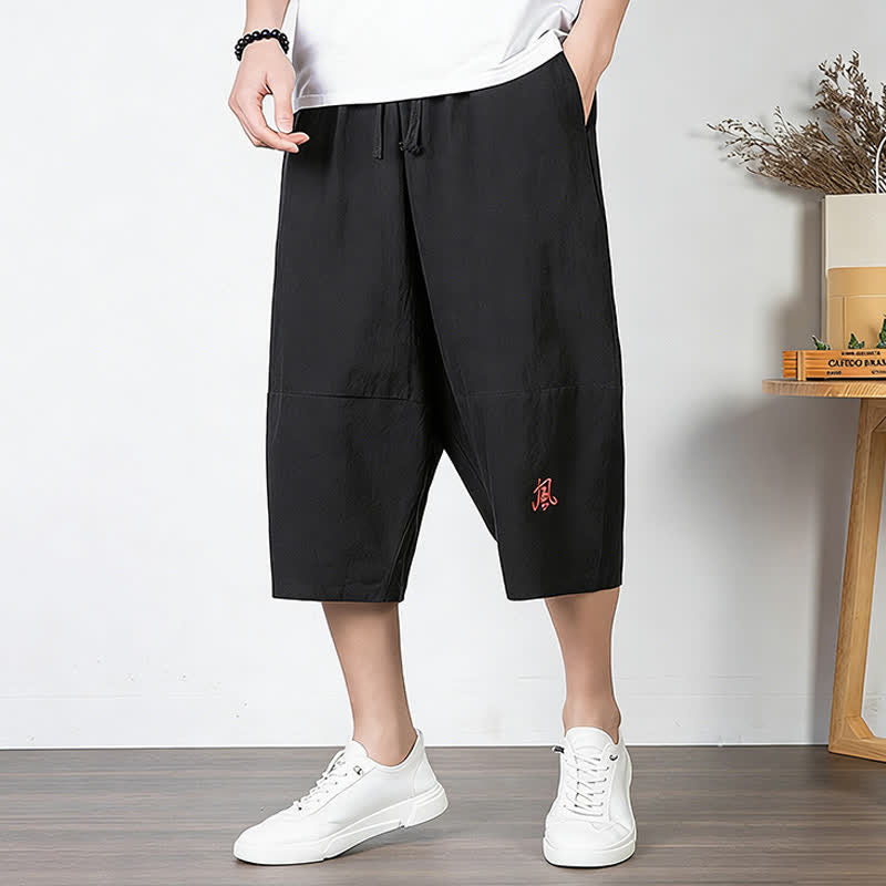 Buddha Stones Pantalon harem uni en coton et lin, longueur capri, avec cordon de serrage et poches. - image 10
