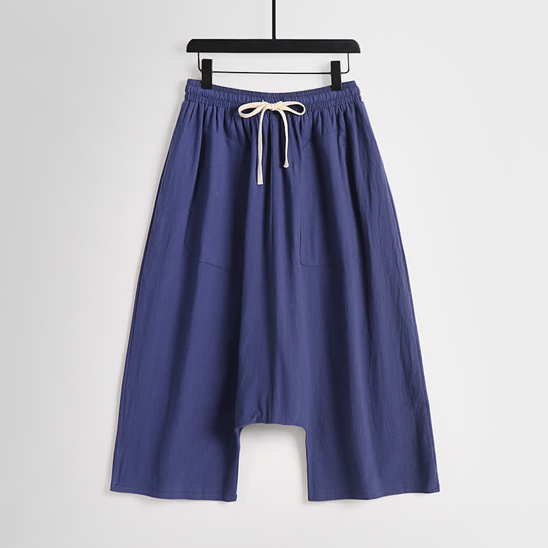 Buddha Stones Pantalon harem homme en coton et lin, coupe simple, entrejambe basse, longueur 7-8 - Indigo - US/UK/AU54，EU64 (9XL) - image 12