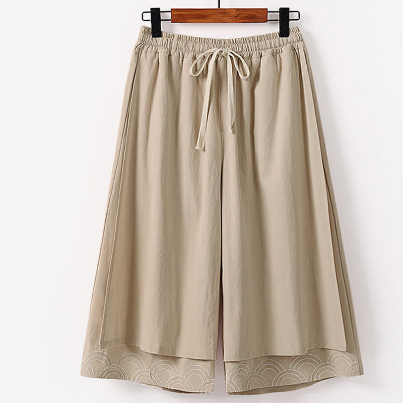 Buddha Stones Pantalon d'été pour homme, longueur Capri, en coton et lin, à jambes larges et poches, brodé, en forme de Capri. - Tanné - US/UK/AU50，EU60 (7XL) - image 4