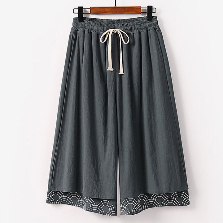 Buddha Stones Pantalon d'été pour homme, longueur Capri, en coton et lin, à jambes larges et poches, brodé, en forme de Capri. - Gris ardoise - US/UK/AU50，EU60 (7XL) - image 2