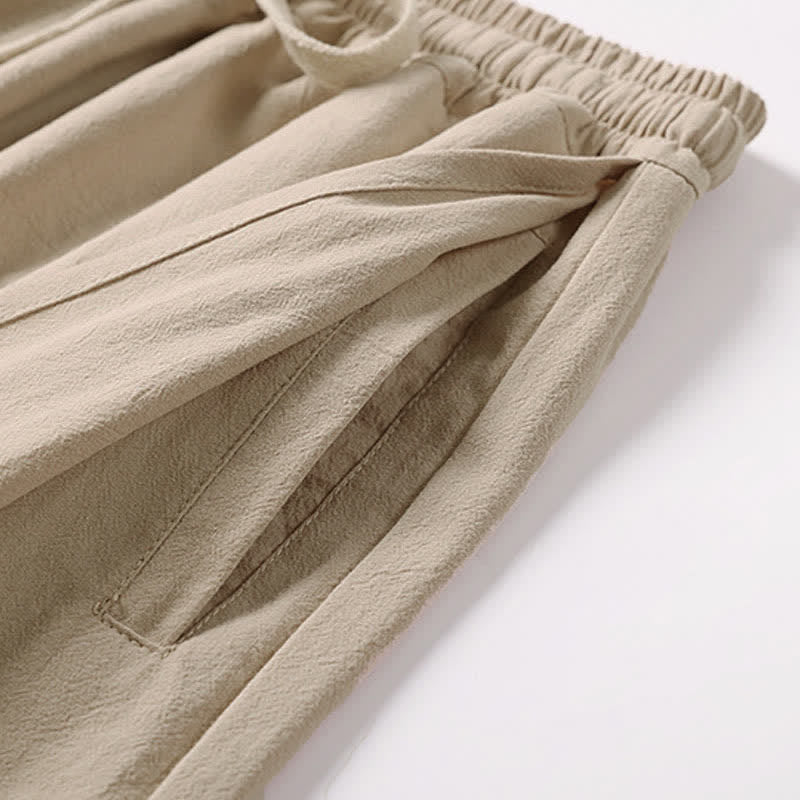 Buddha Stones Pantalon d'été pour homme, longueur Capri, en coton et lin, à jambes larges et poches, brodé, en forme de Capri. - image 8