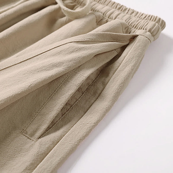 Buddha Stones Pantalon d'été pour homme, longueur Capri, en coton et lin, à jambes larges et poches, brodé, en forme de Capri. - image 8