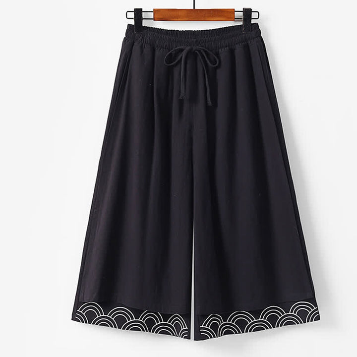 Buddha Stones Pantalon d'été pour homme, longueur Capri, en coton et lin, à jambes larges et poches, brodé, en forme de Capri. - Noir - US/UK/AU50，EU60 (7XL) - image 3