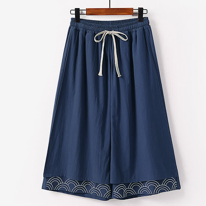 Buddha Stones Pantalon d'été pour homme, longueur Capri, en coton et lin, à jambes larges et poches, brodé, en forme de Capri. - Marine - US/UK/AU50，EU60 (7XL) - image 0