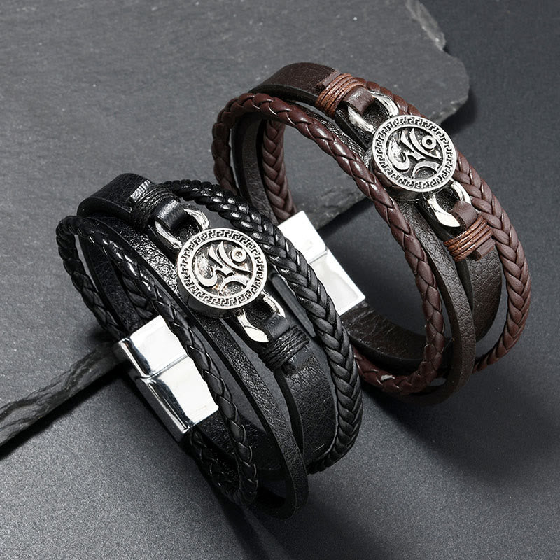 Bracelet rétro en cuir tressé multicouche gravé de Buddha Stones Om - image 0