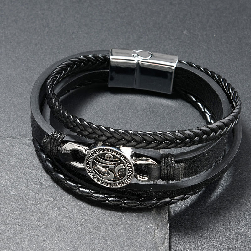 Bracelet rétro en cuir tressé multicouche gravé de Buddha Stones Om - Cuir noir (Tour de poignet : 18-19 cm) - image 1