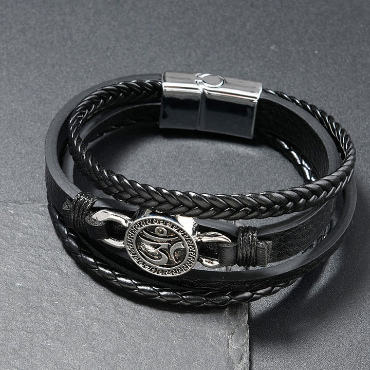 Bracelet rétro en cuir tressé multicouche gravé de Buddha Stones Om - Cuir noir (Tour de poignet : 18-19 cm) - image 1