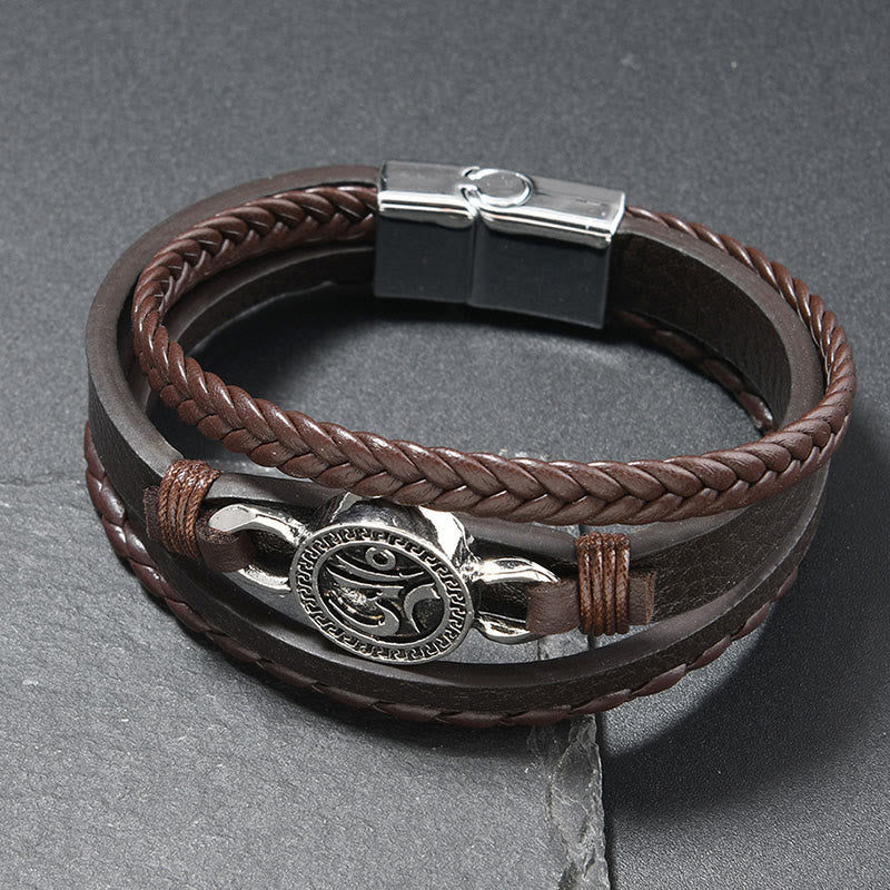 Bracelet rétro en cuir tressé multicouche gravé de Buddha Stones Om - Cuir couleur café (Tour de poignet : 18-19 cm) - image 3