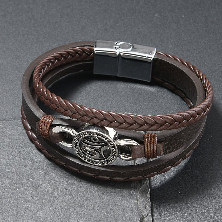 Bracelet rétro en cuir tressé multicouche gravé de Buddha Stones Om - Cuir couleur café (Tour de poignet : 18-19 cm) - image 3