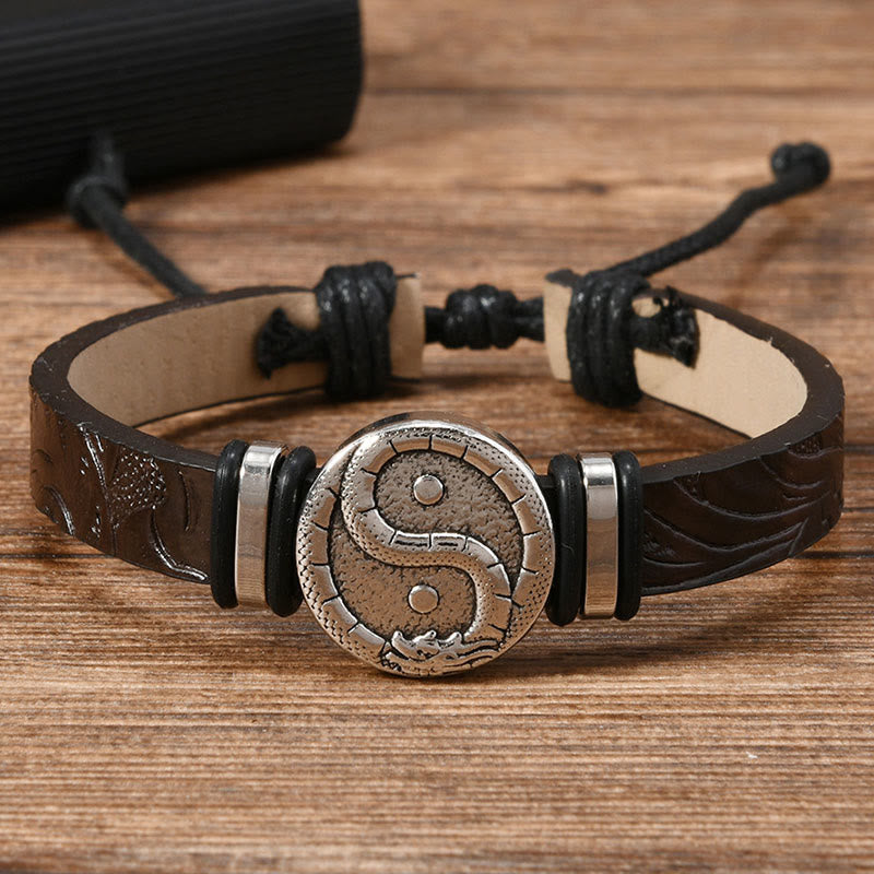 Buddha Stones Bracelet d'équilibre rond en cuir gravé YIN YANG Dragon - Cuir marron selle (Tour de poignet : 15-20 cm) - image 2