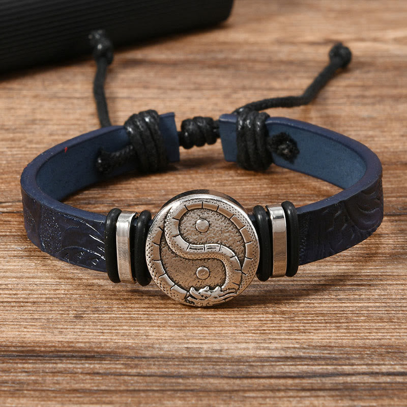 Buddha Stones Bracelet d'équilibre rond en cuir gravé YIN YANG Dragon - Bracelet en cuir bleu acier (Tour de poignet : 15-20 cm) - image 0