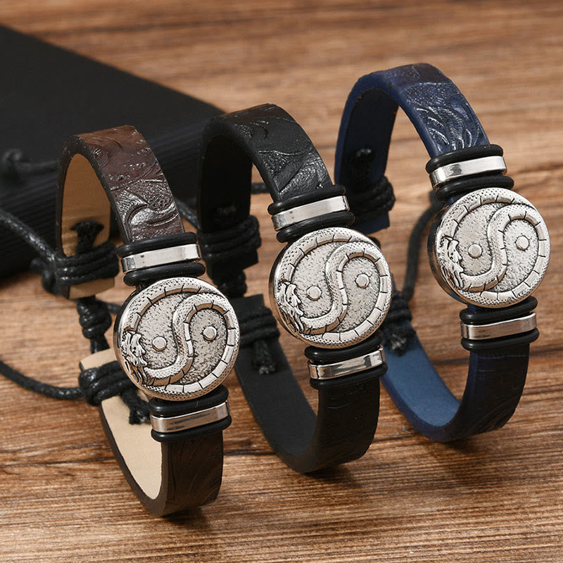 Buddha Stones Bracelet d'équilibre rond en cuir gravé YIN YANG Dragon - image 10