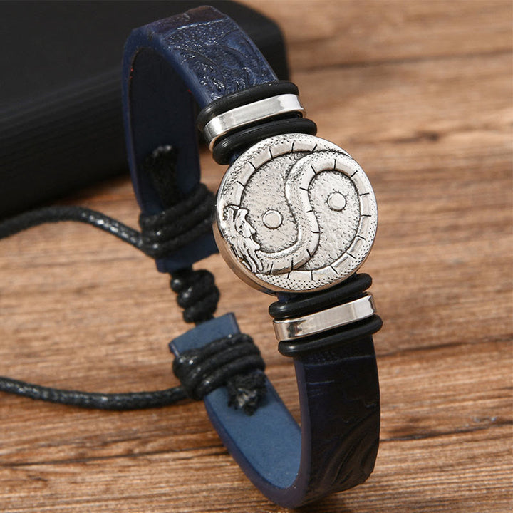 Buddha Stones Bracelet d'équilibre rond en cuir gravé YIN YANG Dragon - image 1