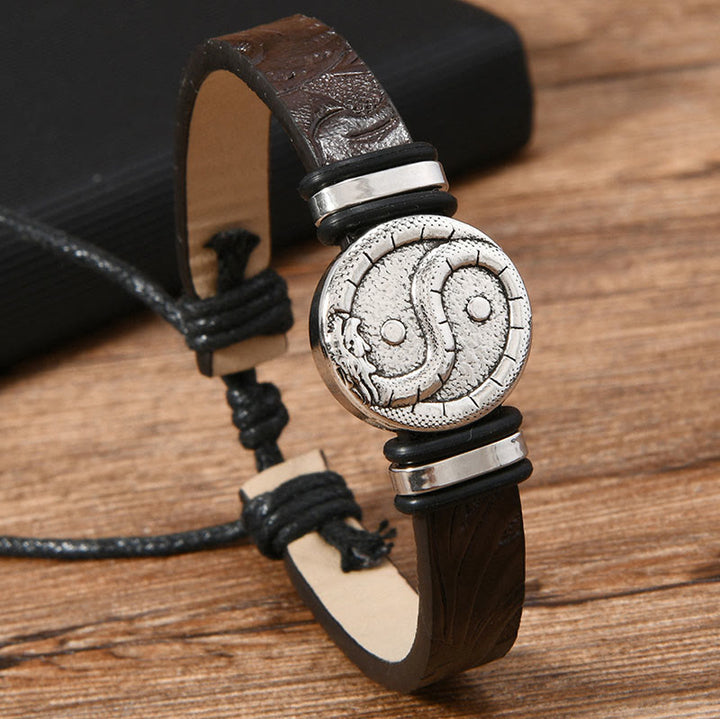 Buddha Stones Bracelet d'équilibre rond en cuir gravé YIN YANG Dragon - image 3