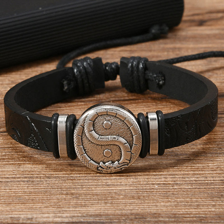 Buddha Stones Bracelet d'équilibre rond en cuir gravé YIN YANG Dragon - Cuir noir (Tour de poignet : 15-20 cm) - image 6