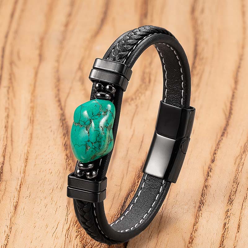 Buddha Stones Bracelet audacieux en cuir tressé turquoise synthétique - Cuir vert - 21 cm - image 2