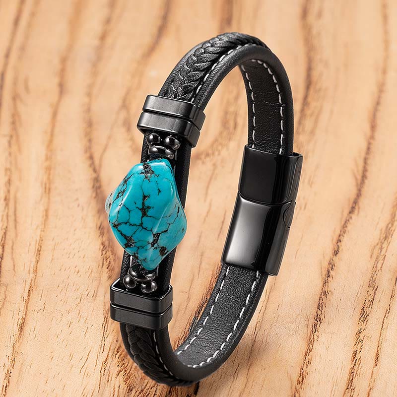 Buddha Stones Bracelet audacieux en cuir tressé turquoise synthétique - Cuir bleu - 21 cm - image 1