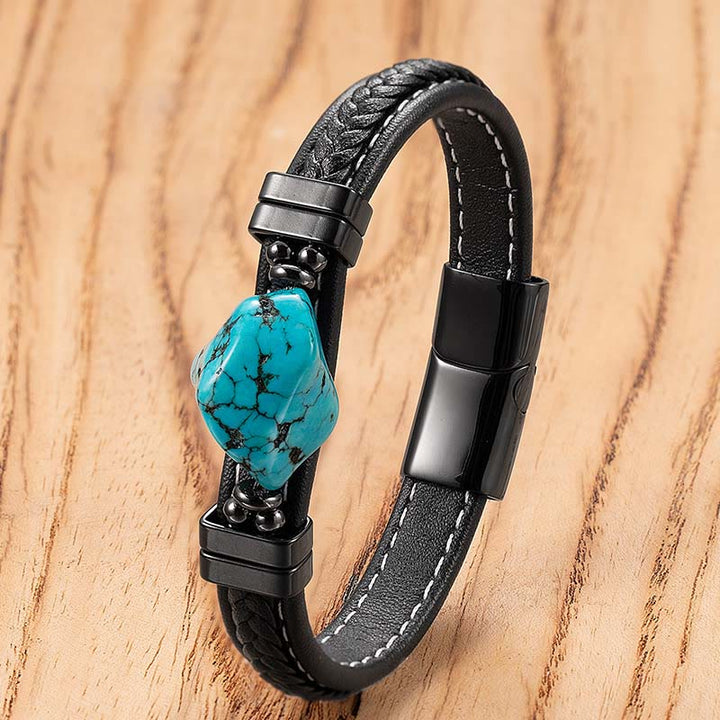 Buddha Stones Bracelet audacieux en cuir tressé turquoise synthétique - Cuir bleu - 21 cm - image 1