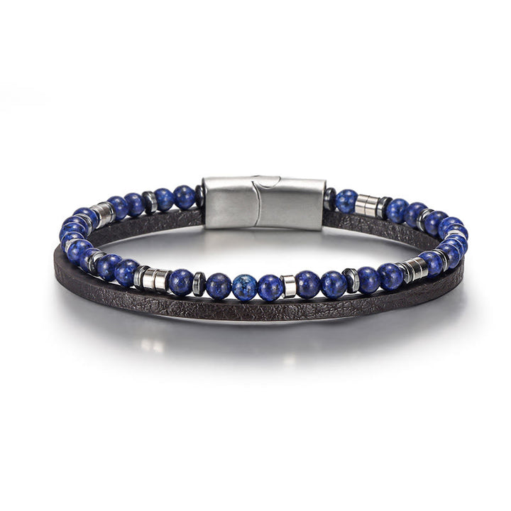 Buddha Stones Bracelet en cuir équilibré avec perles en œil de tigre et lapis-lazuli - Lapis-lazuli (Tour de poignet : 18-19 cm) - Perles rondes Perles d'espacement plates - image 2