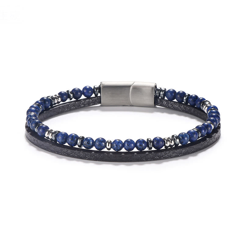 Buddha Stones Bracelet en cuir équilibré avec perles en œil de tigre et lapis-lazuli - Lapis-lazuli (Tour de poignet : 18-19 cm) - Perles rondes Perles d'espacement rondes - image 1