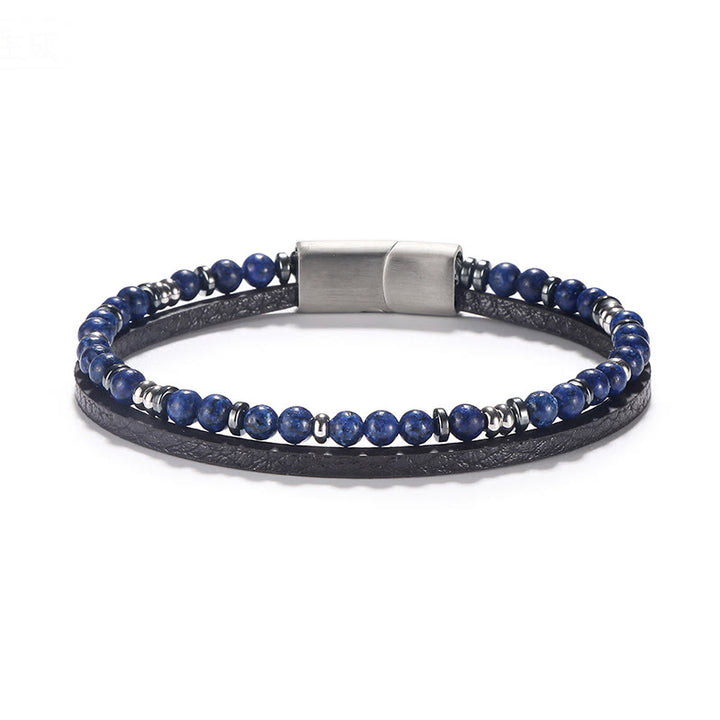 Buddha Stones Bracelet en cuir équilibré avec perles en œil de tigre et lapis-lazuli - Lapis-lazuli (Tour de poignet : 18-19 cm) - Perles rondes Perles d'espacement rondes - image 1