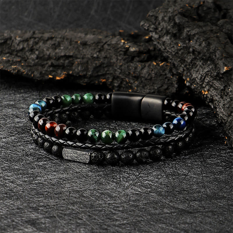 Buddha Stones Bracelet en cuir tressé résistant avec perles de lave œil de tigre - Pierre de lave œil de tigre (Tour de poignet : 18-19 cm) - image 0