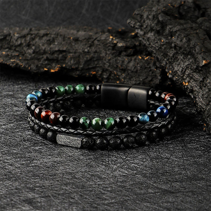 Buddha Stones Bracelet en cuir tressé résistant avec perles de lave œil de tigre - Pierre de lave œil de tigre (Tour de poignet : 18-19 cm) - image 0