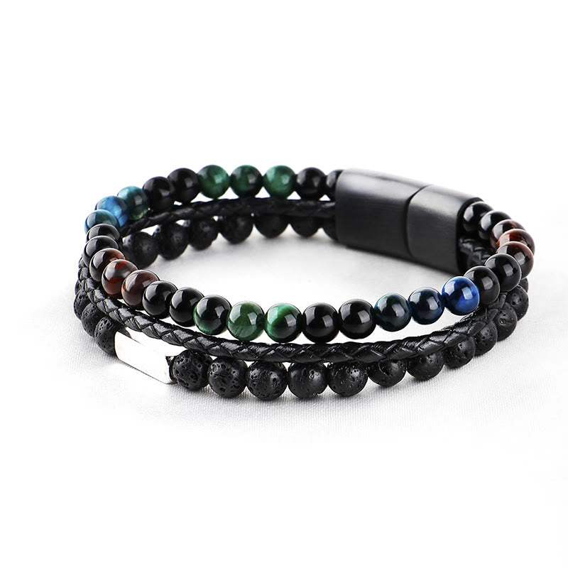 Buddha Stones Bracelet en cuir tressé résistant avec perles de lave œil de tigre - image 2