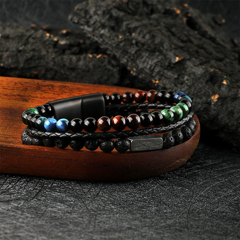 Buddha Stones Bracelet en cuir tressé résistant avec perles de lave œil de tigre - image 1