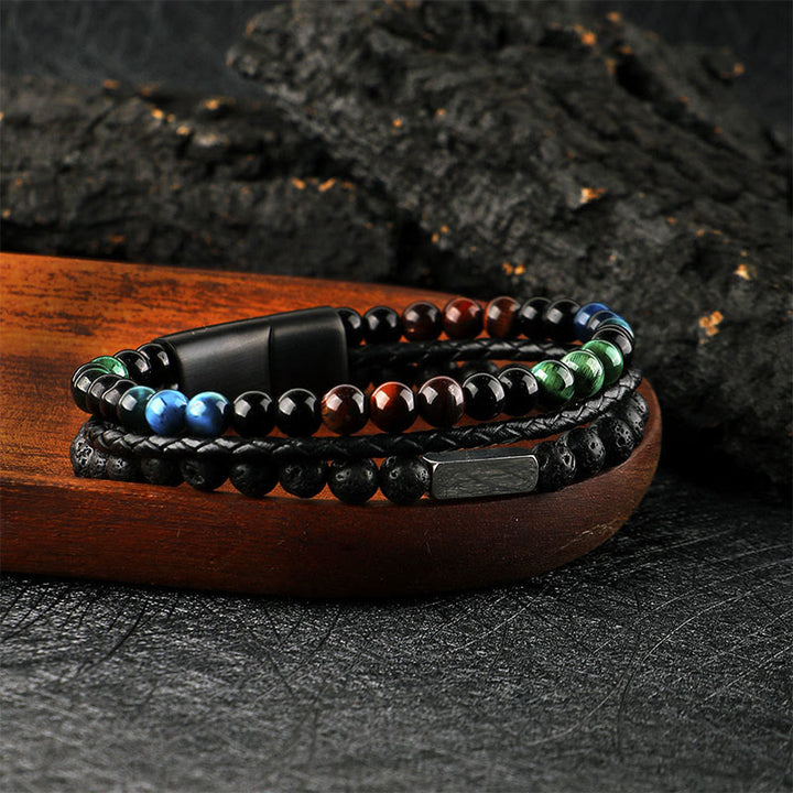 Buddha Stones Bracelet en cuir tressé résistant avec perles de lave œil de tigre - image 1