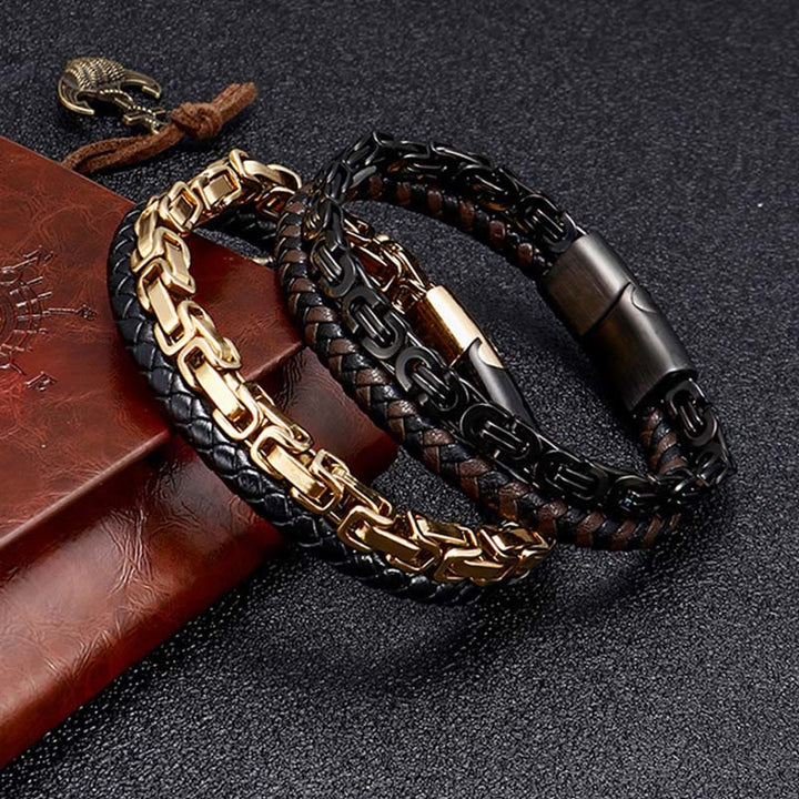 Buddha Stones Bracelet d'équilibre en cuir tressé double tour à maillons et chaînette - image 9