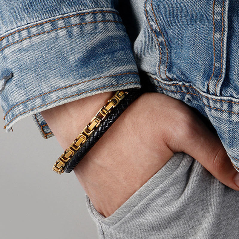 Buddha Stones Bracelet d'équilibre en cuir tressé double tour à maillons et chaînette - image 10