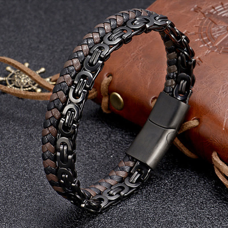 Buddha Stones Bracelet d'équilibre en cuir tressé double tour à maillons et chaînette - Acier titane noir (Tour de poignet : 18-19 cm) - image 0