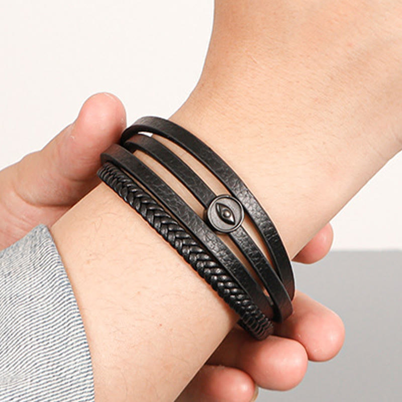 Buddha Stones Bracelet d'équilibre en cuir tressé multicouche avec œil maléfique - image 10