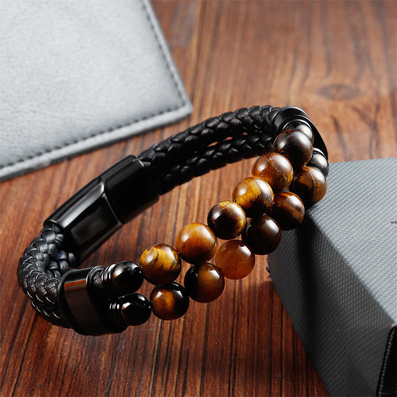 Buddha Stones Bracelet de protection en cuir tressé double tour œil de tigre - image 1