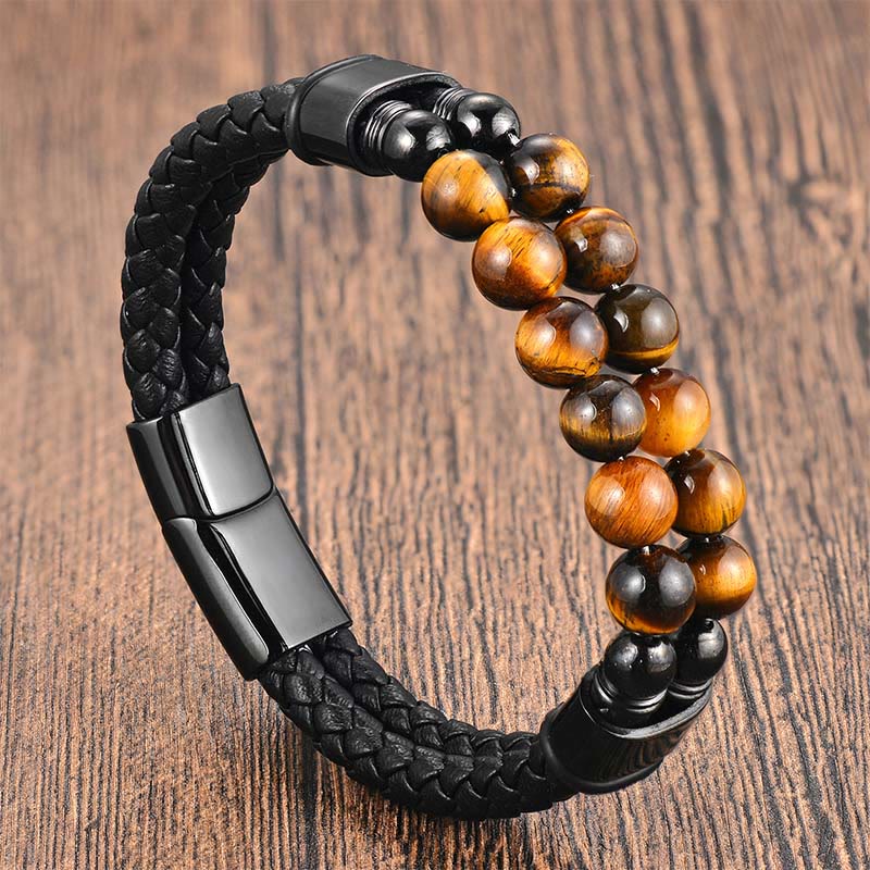 Buddha Stones Bracelet de protection en cuir tressé double tour œil de tigre - Bracelet en cuir œil de tigre (Tour de poignet : 18-19 cm) - image 0