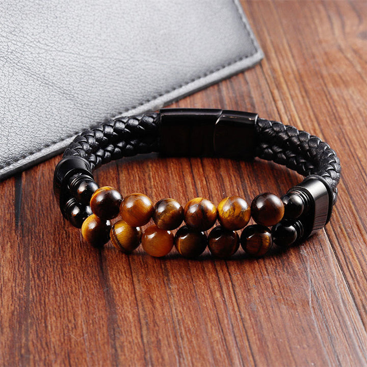 Buddha Stones Bracelet de protection en cuir tressé double tour œil de tigre - image 3