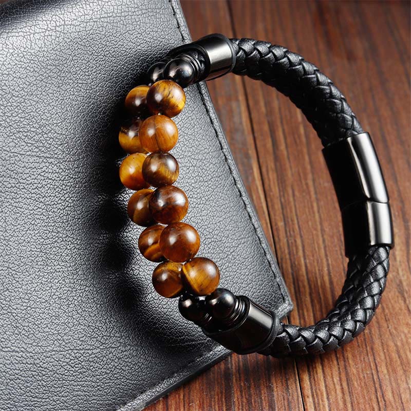 Buddha Stones Bracelet de protection en cuir tressé double tour œil de tigre - image 2