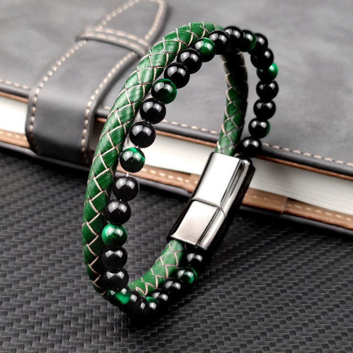 Buddha Stones Bracelet de résistance en cuir tressé double tour œil de tigre vert - Bracelet en cuir œil de tigre vert (Tour de poignet : 19 cm) - image 0