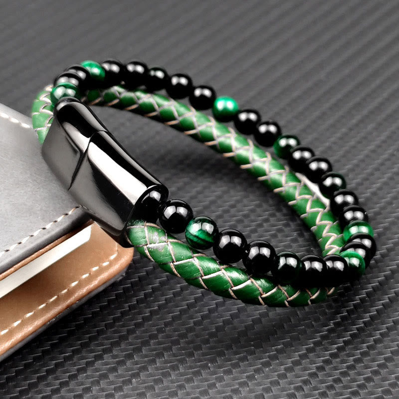 Buddha Stones Bracelet de résistance en cuir tressé double tour œil de tigre vert - image 1