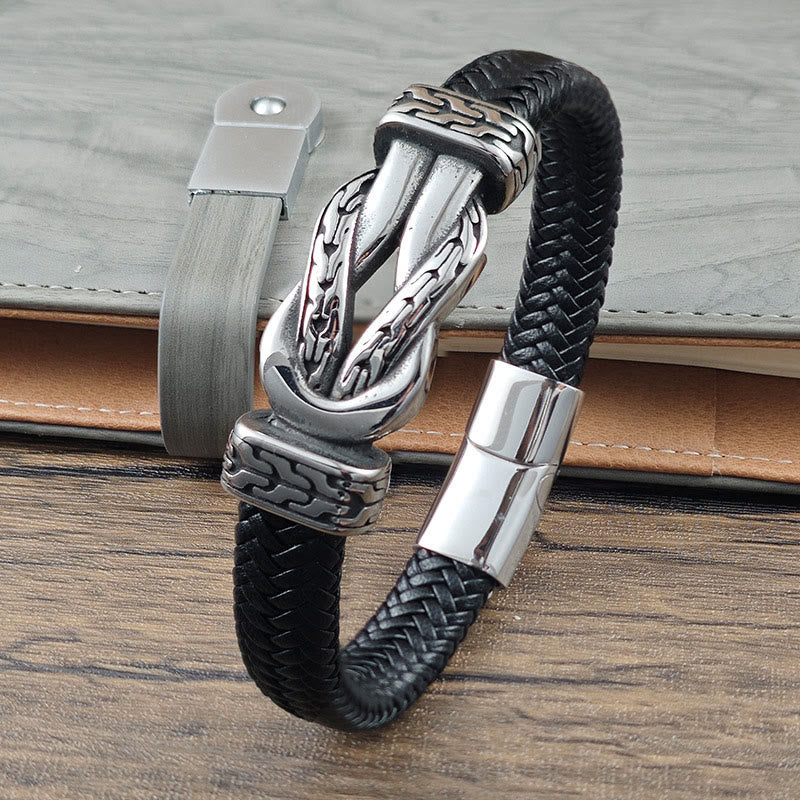 Buddha Stones Bracelet d'équilibre en cuir tressé avec motif de nœud - Bracelet en acier titane et cuir (Tour de poignet : 19 cm) - image 0