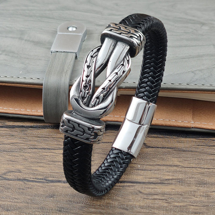Buddha Stones Bracelet d'équilibre en cuir tressé avec motif de nœud - Bracelet en acier titane et cuir (Tour de poignet : 19 cm) - image 0